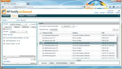 HP Fortify on Demand displaying CWE mappings (right column), without specifying CWE search criteria.