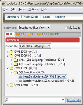 HP Fortify Audit Workbench enables users to control the grouping criteria, to browse issues by different criteria. Examples may include CWE, CWE then File, or Package then CWE, etc.