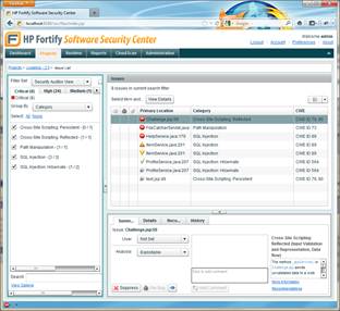 HP Software Security Center, showing the issue list with CWE mappings (center-screen, right-most column).