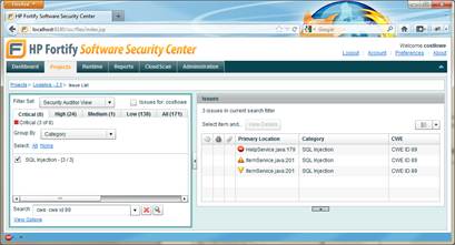 HP Software Security Center enables grouping and searching by CWE.