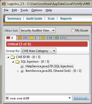 HP    Fortify Audit Workbench searching for a particular CWE.