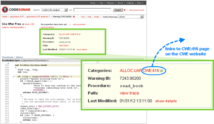 图12. CodeSonar警告报告，显示了相关CWE标识符的位置。