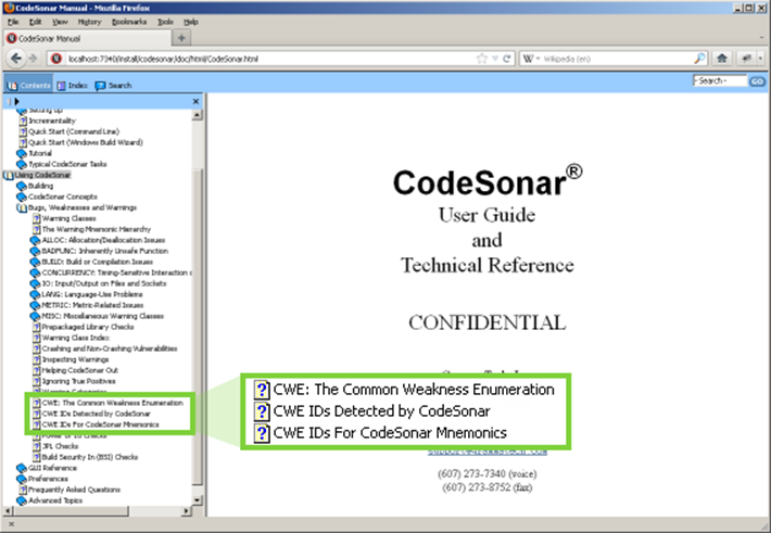 图2. CodeSonar手册：目录中列出的CWE部分。