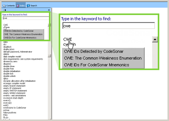 图4. Codesonar手册：索引条目
