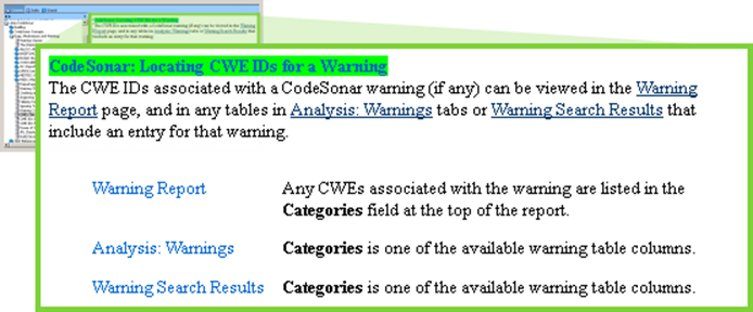 图6。CodeSonar手册：查找警告的CWE-ID。