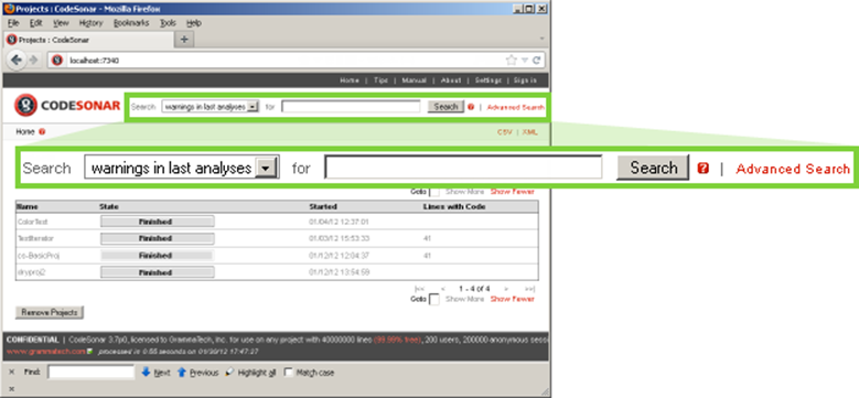 图7。CodeSonar GUI的每个页面都包含简单的搜索工具。